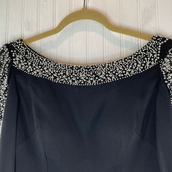 SHO MAX Originals Long Silk Black Dress Silver Beading Gown - Picture 5 of 12